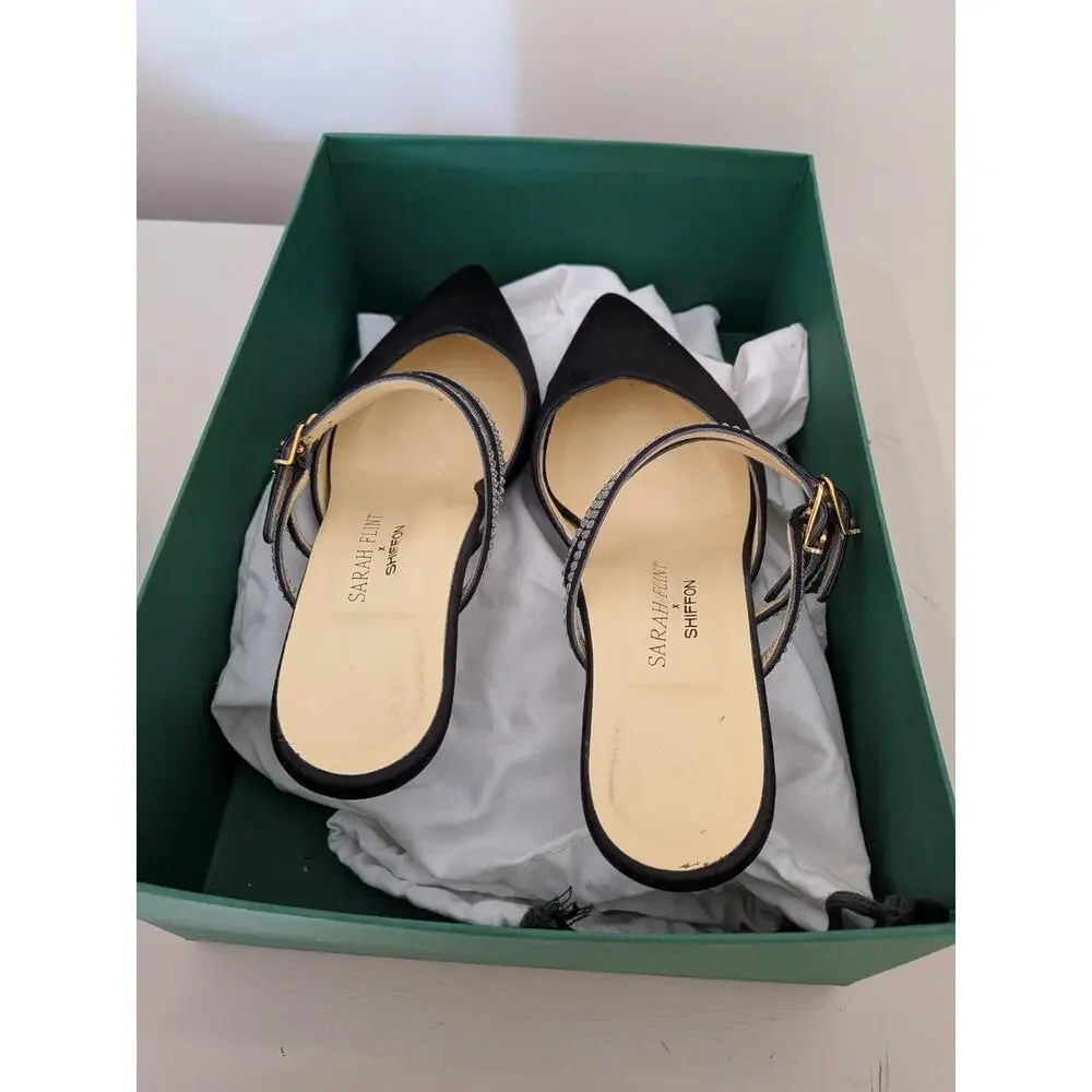 Sarah Flint Black Satin Kitten Mules 7.5 EUC
